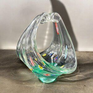 Large Art Glass Basket Bowl Centerpiece With Large Multicolor Millefiori Spots